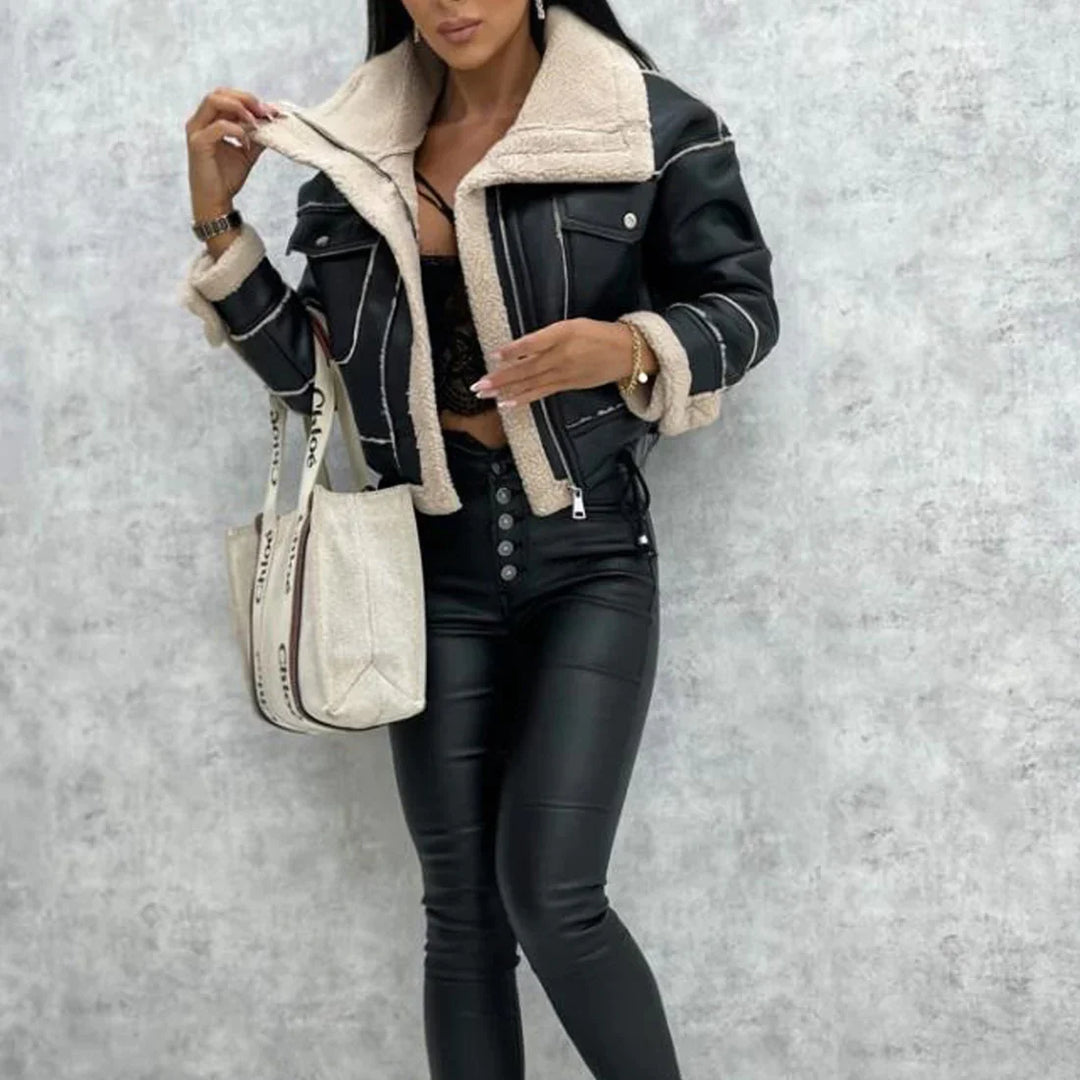 EB | Schwarze Lederjacke mit Teddyfutter