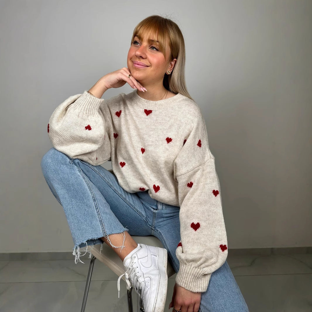 Damen nan oversized Strickpullover mit Herzintarsien und Ballonärmeln EB
