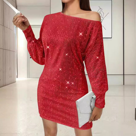 Damen Glamouröses Minikleid mit asymmetrischem Schulterdesign und Funkeleffekten EB