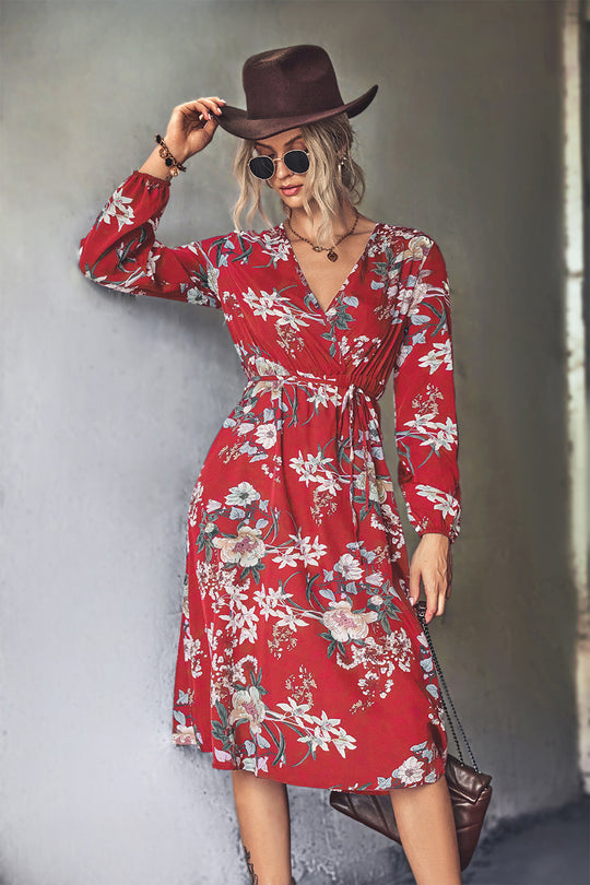 Damen Midi-Kleid mit elegantem floralem Design und tailliertem Gürtel EB