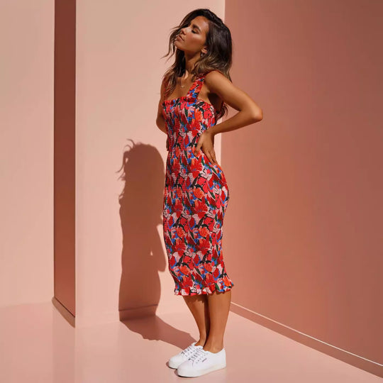 Damen Figurbetontes Blumenkleid mit Rüschensaum EB