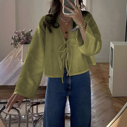 Damen cropped Bluse mit Bindeband und lockerer Passform EB