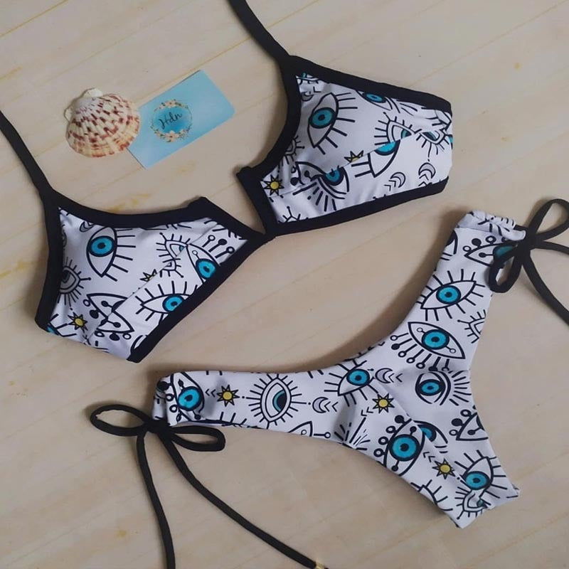 Damen Triangel-Bikini-Set mit einzigartigem Augenmuster EB