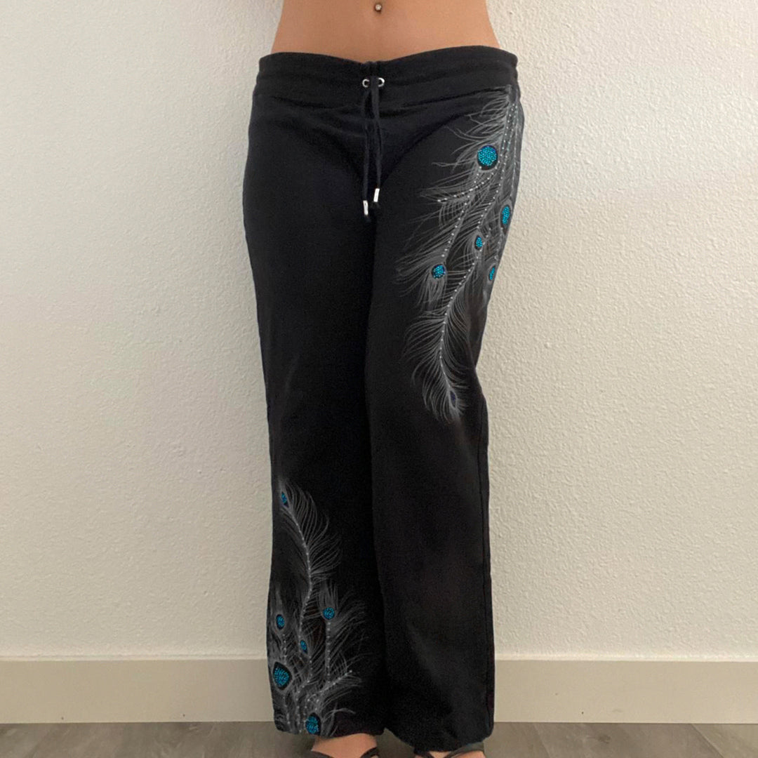 Damen nan weite Loungehose mit Kordelzug, hohem Komfortbund und Pfauenfeder-Print EB