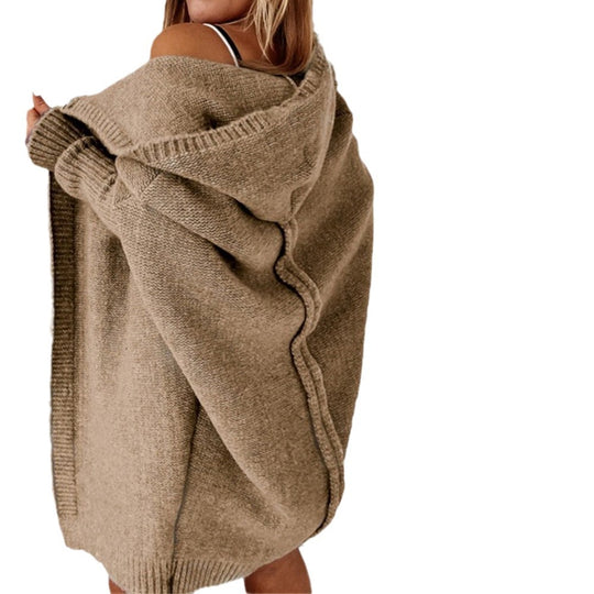 Damen Longline Kapuzen-Strickcardigan mit offener Front EB