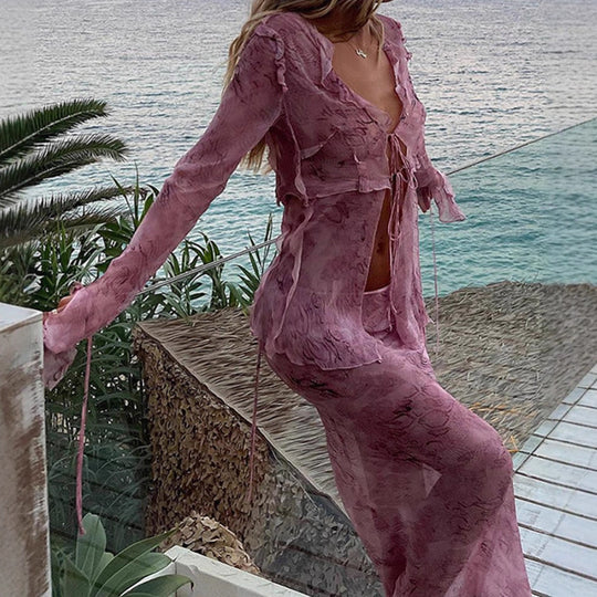 Damen Elegantes Cut-Out Maxikleid mit fließendem Stoff und raffinierten Rüschendetails EB