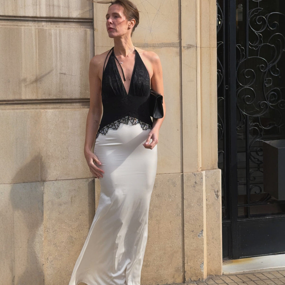 Damen Schickes Maxikleid mit Spitzenoberteil und V-Ausschnitt EB
