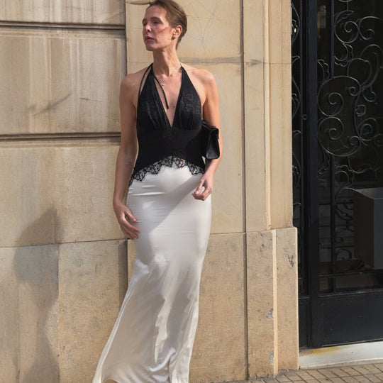 Damen Schickes Maxikleid mit Spitzenoberteil und V-Ausschnitt EB