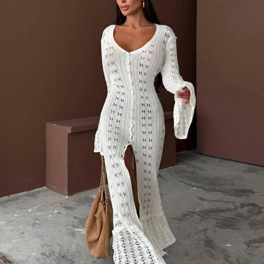 Damen Strickmaxikleid mit nostalgischem Lochmuster und elegantem V-Ausschnitt EB