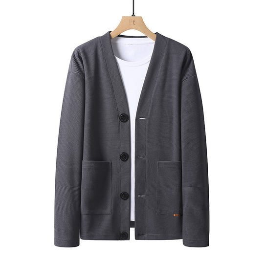 Herren leichter Strickcardigan mit V-Ausschnitt, Knopfleiste und aufgesetzten Taschen EB