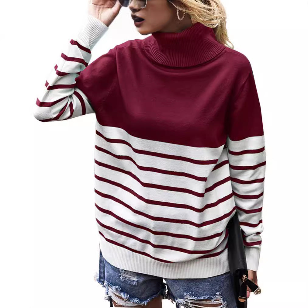 Damen Strickpullover mit einem modernen Hochkragen und breitem Streifenmuster EB