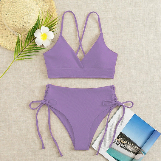 Damen Hochtaillierter Bikini mit verstellbaren Schnürdetails EB