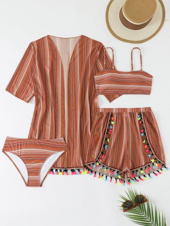 Damen Bikiniset mit trendigem Strandkimono und bunten Quasten EB