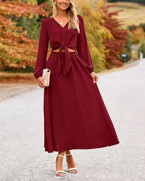 Damen Binde-Kleid mit langen Ärmeln und Rundhalsausschnitt EB