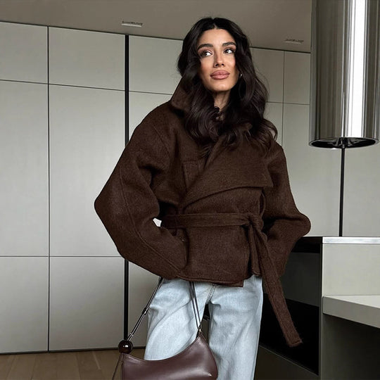 Damen elegante Oversized-Wolljacke mit Gürtel EB