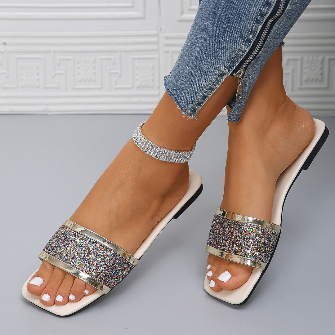 Damen nan flache Pantolette mit breitem Glitzerriemen eckiger Zehenpartie und gepolstertem Fußbett EB