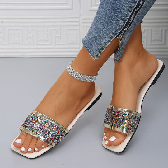 Damen nan flache Pantolette mit breitem Glitzerriemen eckiger Zehenpartie und gepolstertem Fußbett EB