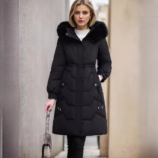Damen eleganter und isolierter Wintermantel mit abnehmbarem Kunstfellkragen EB