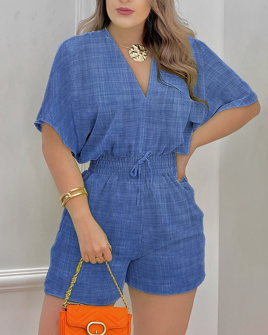 Damen modisches Kurzarm-Jumpsuit mit elastischem Bund und maritimem Muster EB