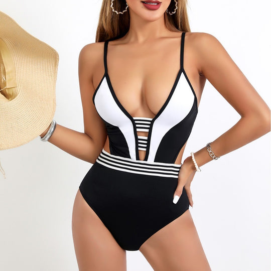 Damen Sportlicher Einteiler Badeanzug mit tiefem V-Ausschnitt und seitlichen Cut-Outs EB