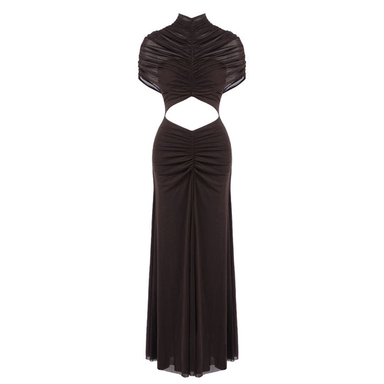 Damen Elegantes Cut-Out Maxikleid mit hochgeschlossenem Design und raffinierten Drapierungen EB