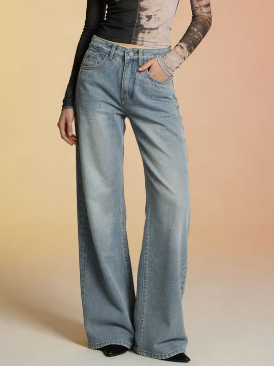 Damen weite Denim-Hose mit Vintage-Waschung und hoch geschnittenem Bund EB