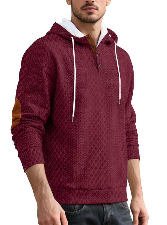 Herren nan Diamond-Struktur Kapuzenpullover mit Kurzknopfleiste, gesteppter Kapuzeninnenkante und Wildleder-Ellbogenpatch EB