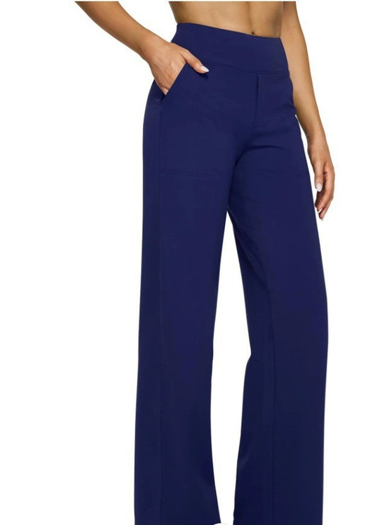 Damen nan fließende High-Waist-Hose mit extra weitem Bein, elastischem Komfortbund und Eingrifftaschen EB