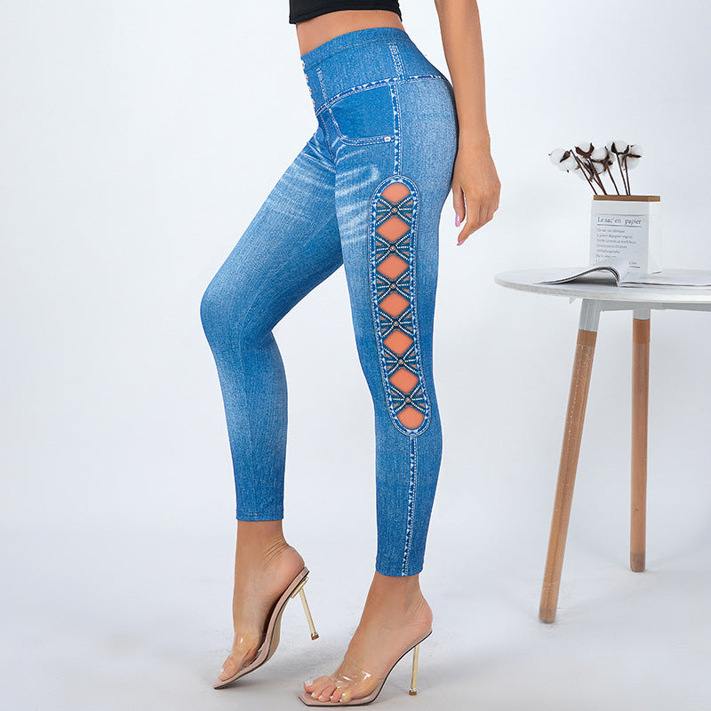 Damen Leggings mit verspielten Cut-Out-Details und dekorativen Bändern EB