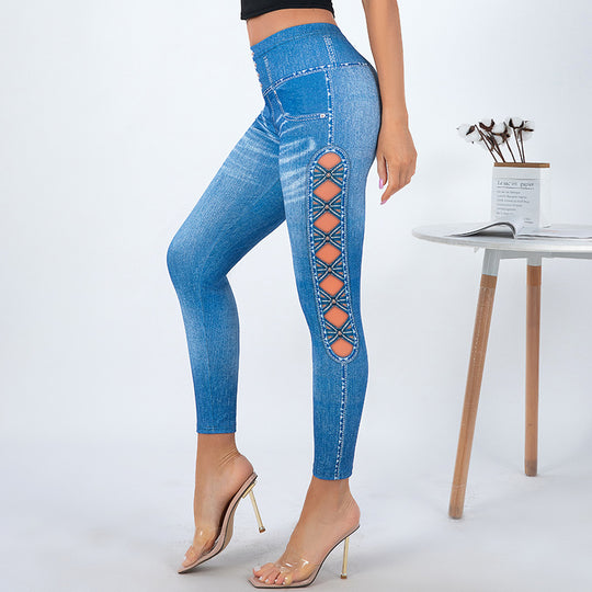Damen Leggings mit verspielten Cut-Out-Details und dekorativen Bändern EB