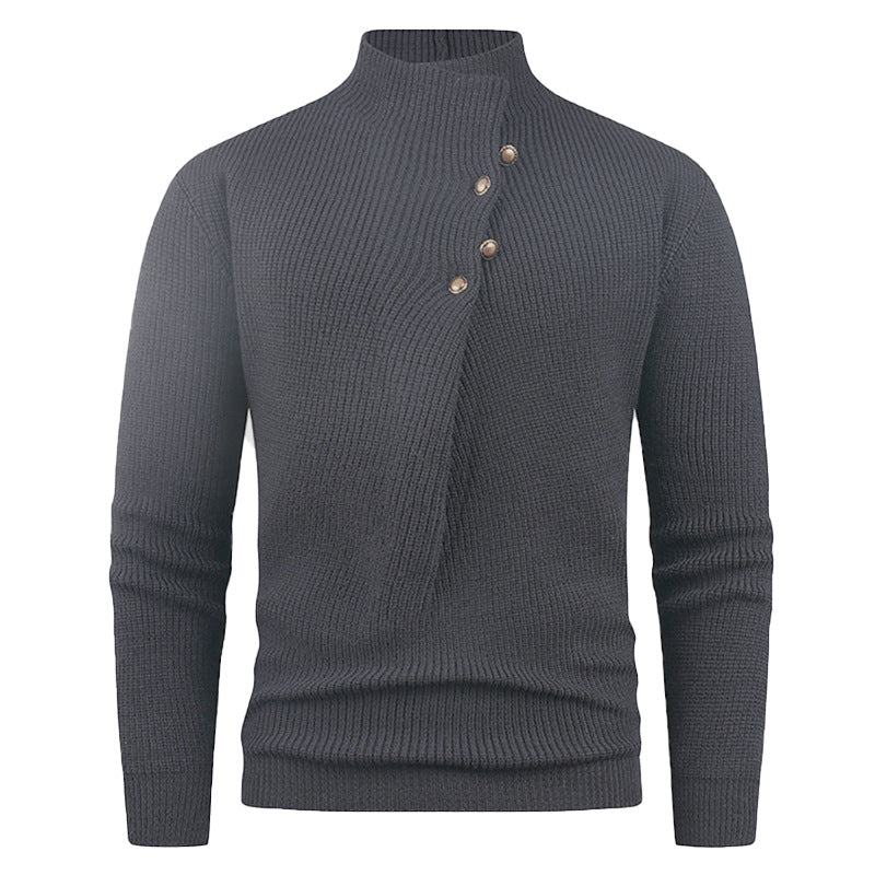 Herren Strickpullover mit asymmetrischem Kragen und dekorativen Holzknöpfen EB