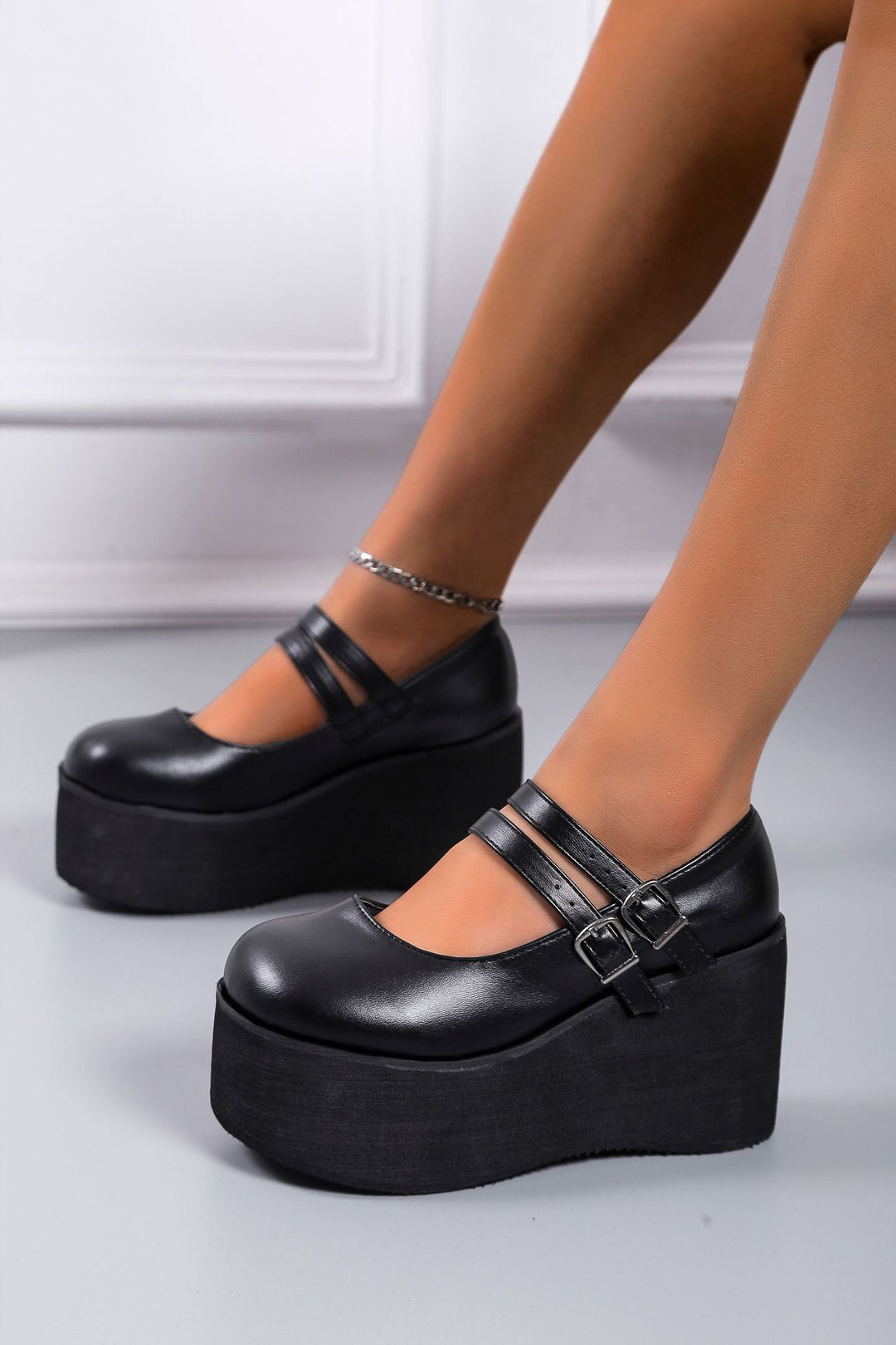 Damen Plateau-Schuhe mit doppeltem Riemen und hohem Absatz EB