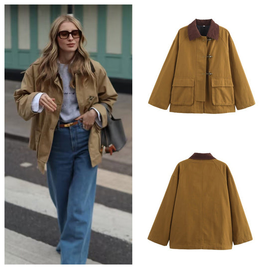 Damen lässige Übergangsjacke mit voluminösem Kragen und praktischen Taschen EB