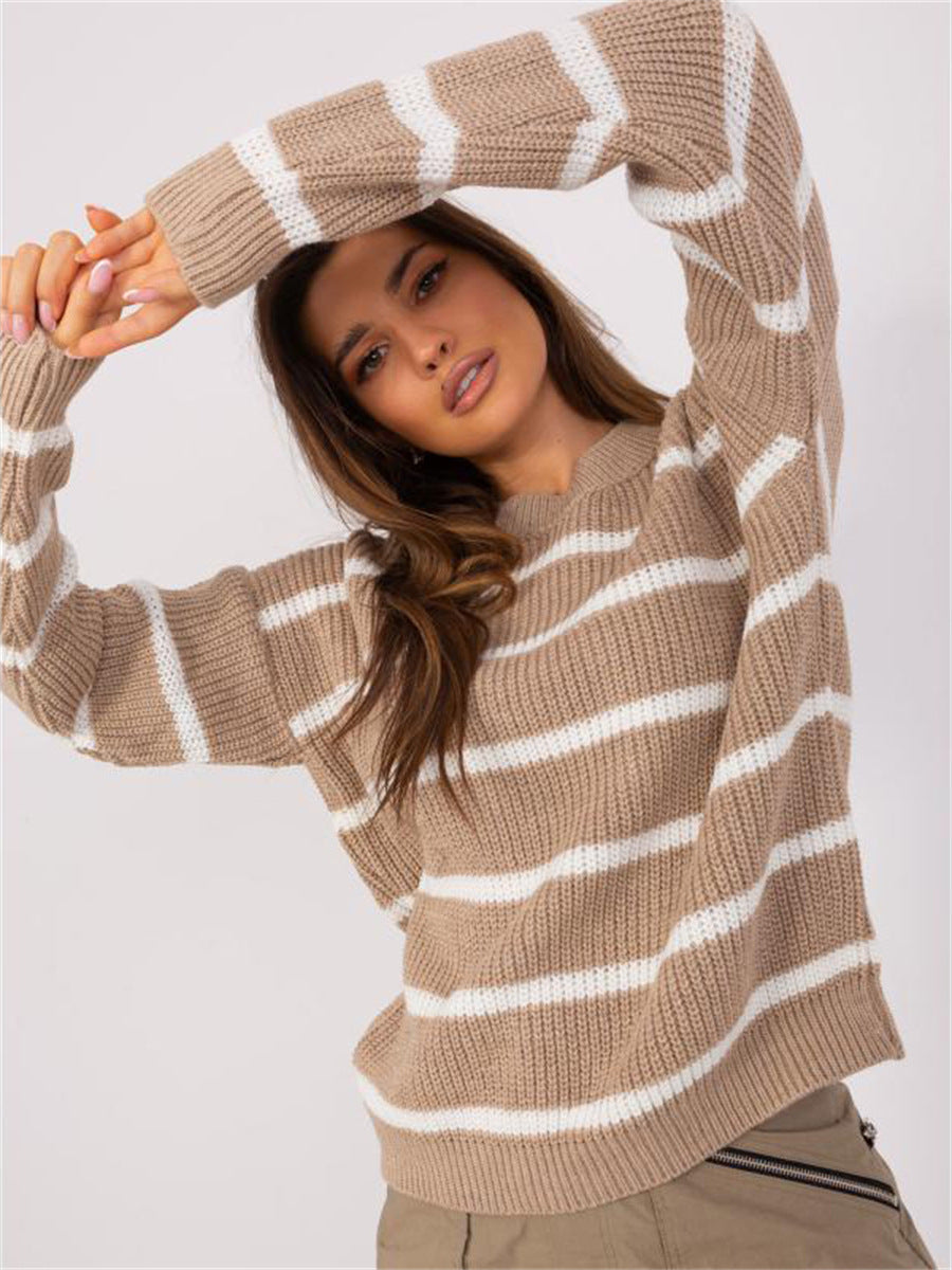 Damen lässiger Strickpullover mit modernem Streifenmuster und weitem Schnitt EB