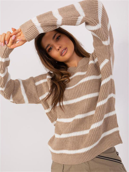Damen lässiger Strickpullover mit modernem Streifenmuster und weitem Schnitt EB