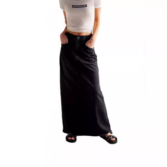 Damen Maxirock aus schwarzem Denim mit seitlichen Taschen und lässigem Schnitt EB