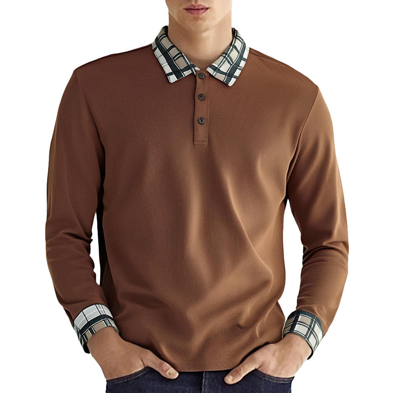 Herren nan figurbetontes Langarm-Poloshirt mit karierter Kragen- und Manschettenbesatz EB