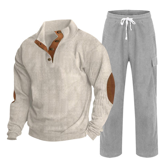 Herren nan Strick-Freizeitset mit Knopfleiste und Ellenbogenaufnähern sowie Cord-Cargohose EB