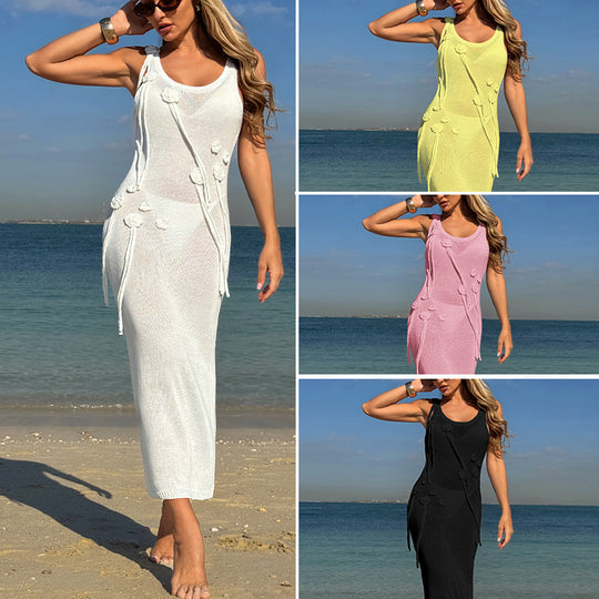 Damen Elegantes Strickkleid mit Blumenapplikationen und seitlichem Bindegürtel EB