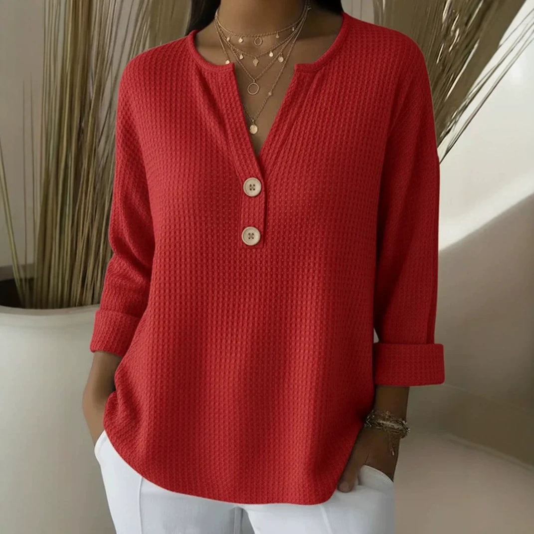 Damen nan Waffelstruktur Henley-Shirt mit V-Ausschnitt kurze Knopfleiste und krempelbaren 3/4-Ärmeln EB