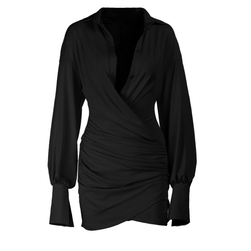Damen schickes Wickelkleid mit tiefem V-Ausschnitt und langen Ärmeln EB