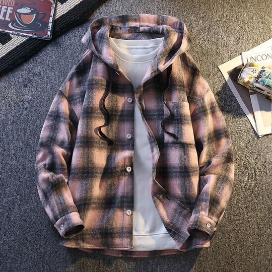 Herren Karierte Flanelljacke mit Kapuze und Knopfverschluss EB