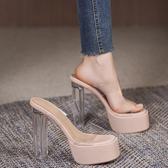 Damen transparente High Heel Mules mit höherem Blockabsatz EB