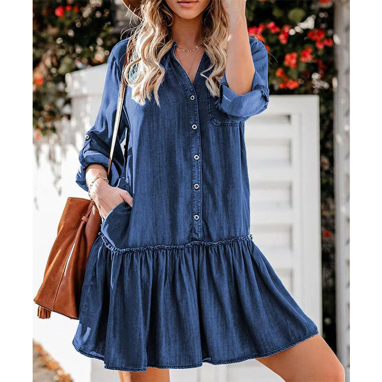 Damen nan locker fallendes Jeans-Hemdkleid mit Volantstufe und aufgesetzten Taschen EB
