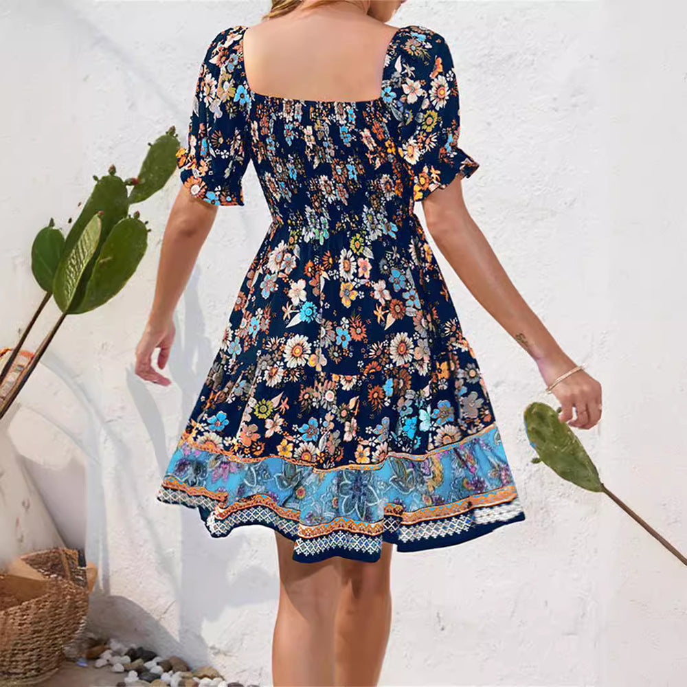 Damen Blumenmuster Maxikleid mit Puffärmeln und elastischem Taillengummi EB