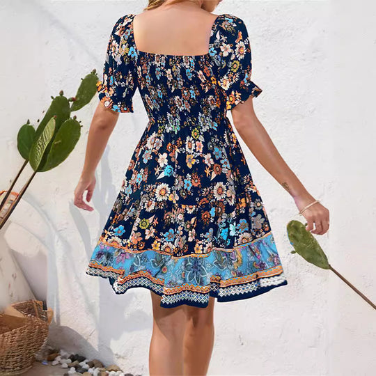 Damen Blumenmuster Maxikleid mit Puffärmeln und elastischem Taillengummi EB