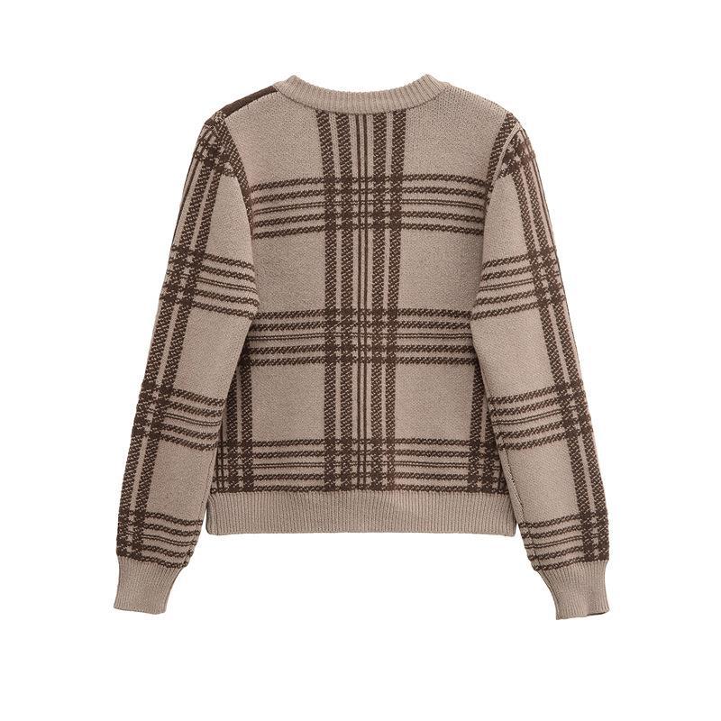 Damen Karierte Strickjacke mit Knopfverschluss und gerafften Ärmeln EB