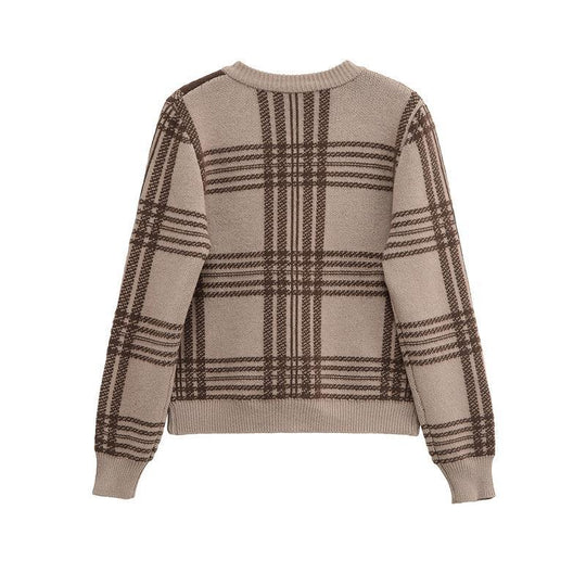 Damen Karierte Strickjacke mit Knopfverschluss und gerafften Ärmeln EB