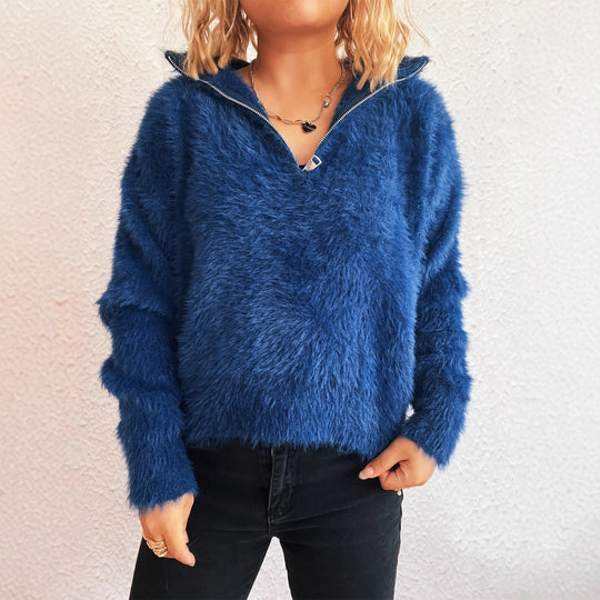Damen kuscheliger Pullover mit hohem Kragen und Reißverschluss EB