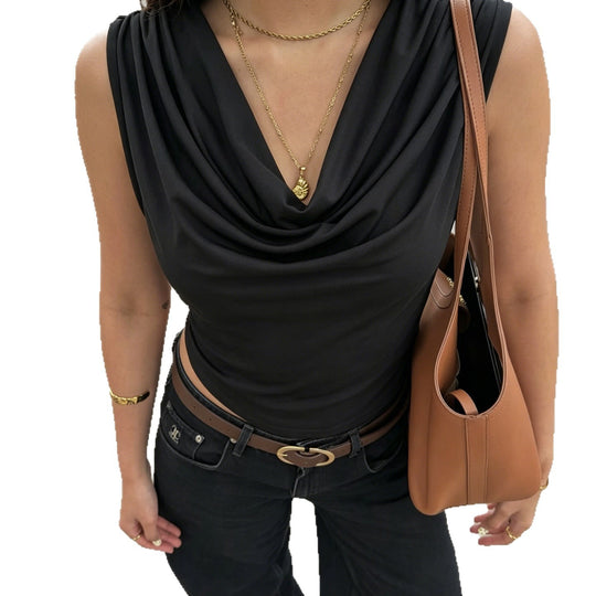 Damen elegantes Cowl Neck Tanktop mit feinen Perlenverzierungen EB